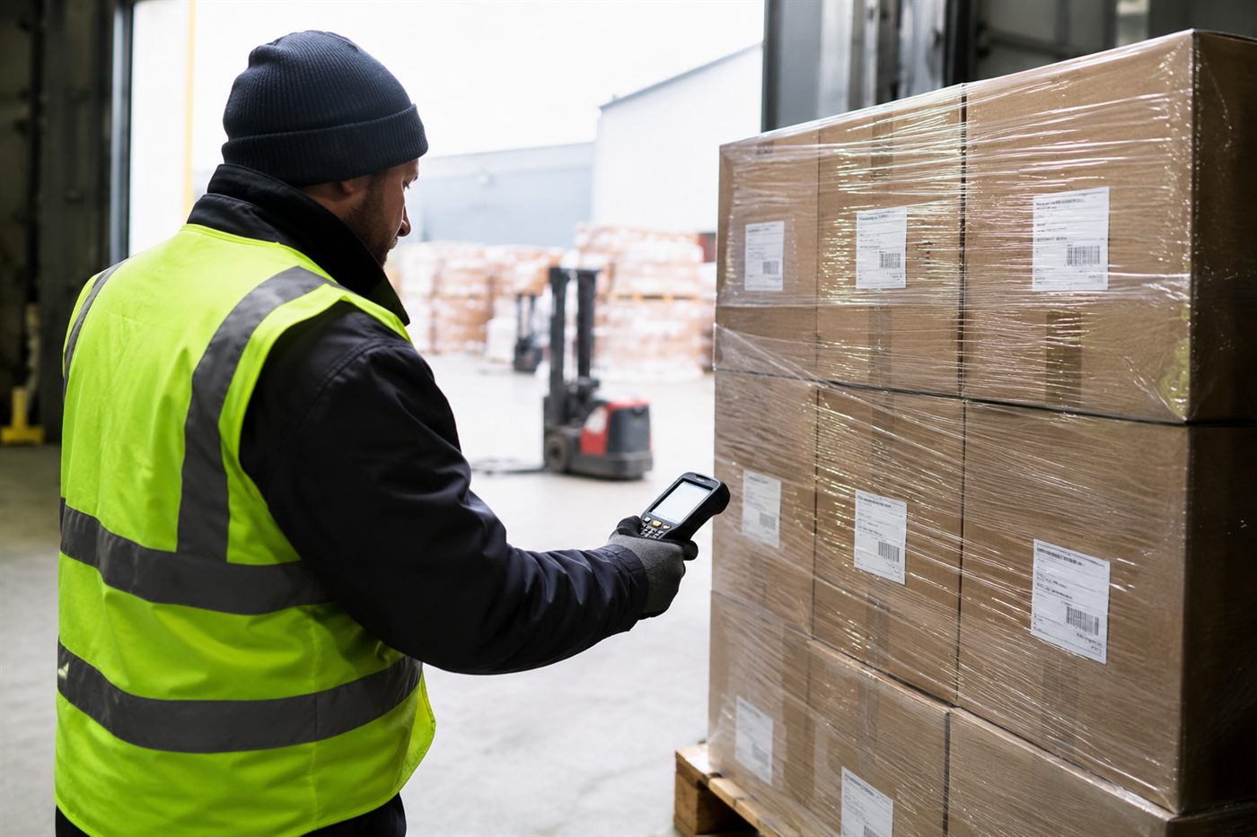 Warehouse associate checking inventory boxes on a loading dock