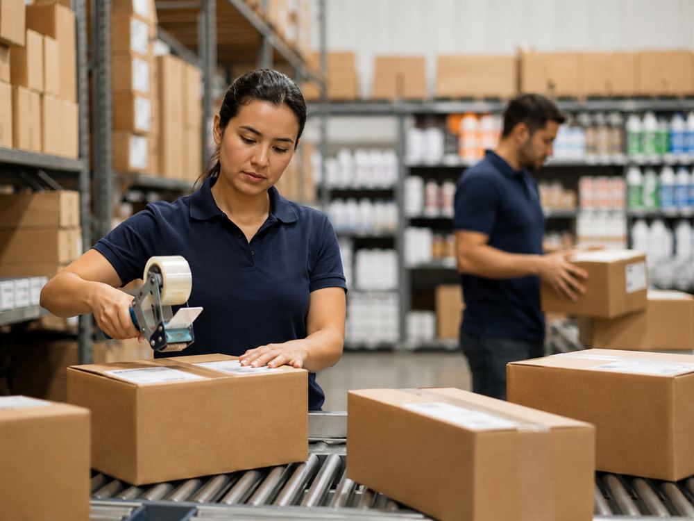 Worker packing boxes for e-commerce order fulfillment