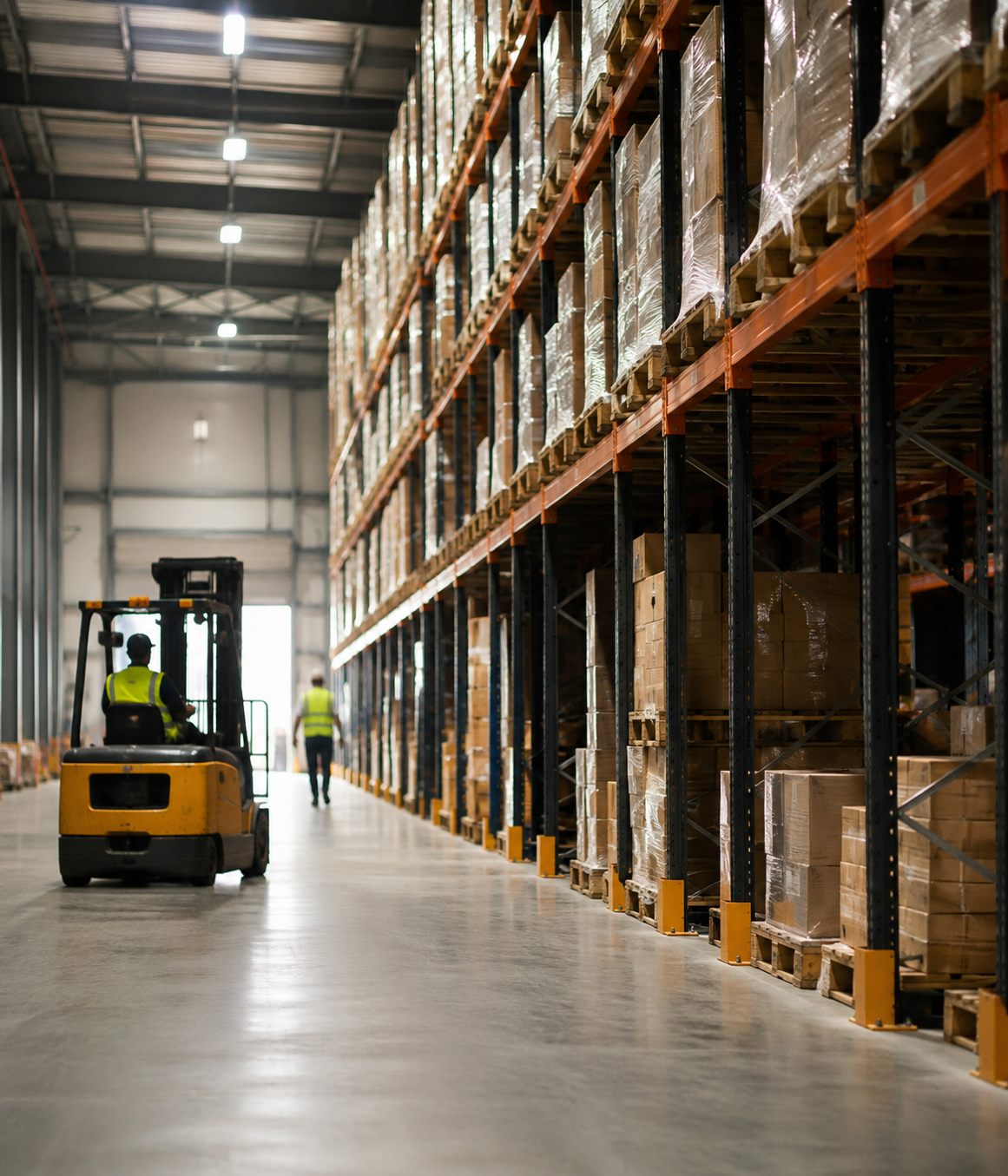 Interior of a modern distribution warehouse with tall, organized pallet racking